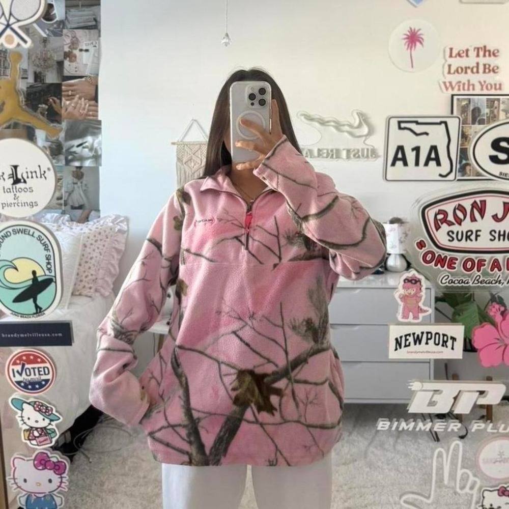 Y2K‎ Pink camo fleece quarter zip sweatshirt with pockets